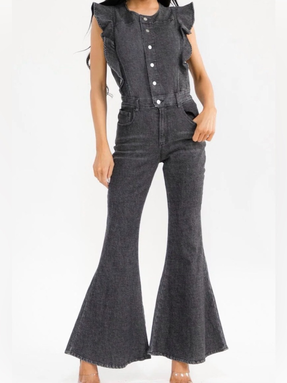 A402. Dark Gray Denim Jumpsuit with Button Front & Ruffle Sleeves - Picture 5 of 6
